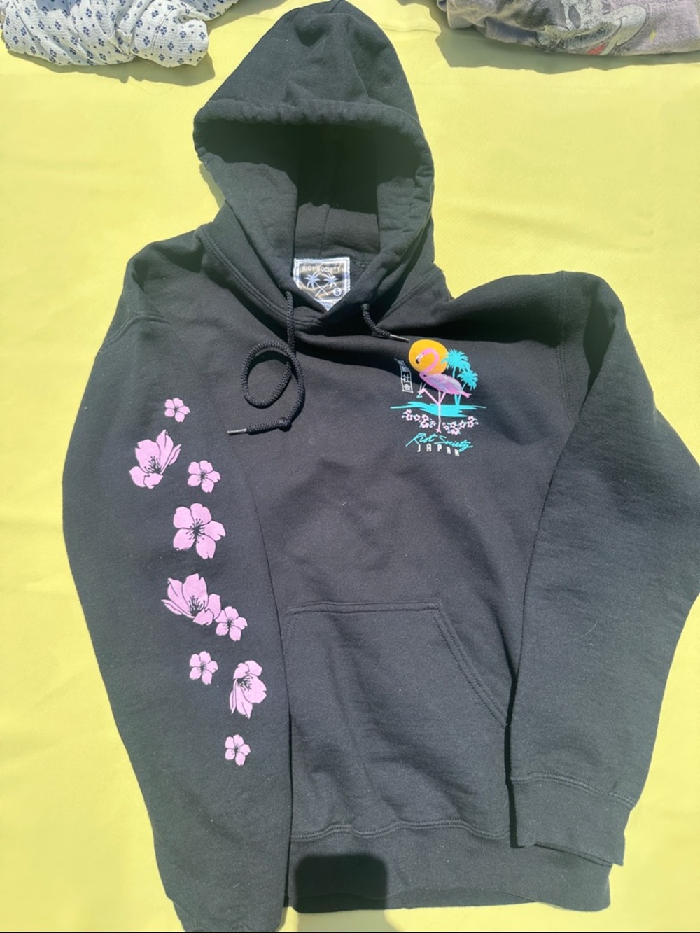 riot society Black Hoodie with Pink Flamingo & Teal Accents
